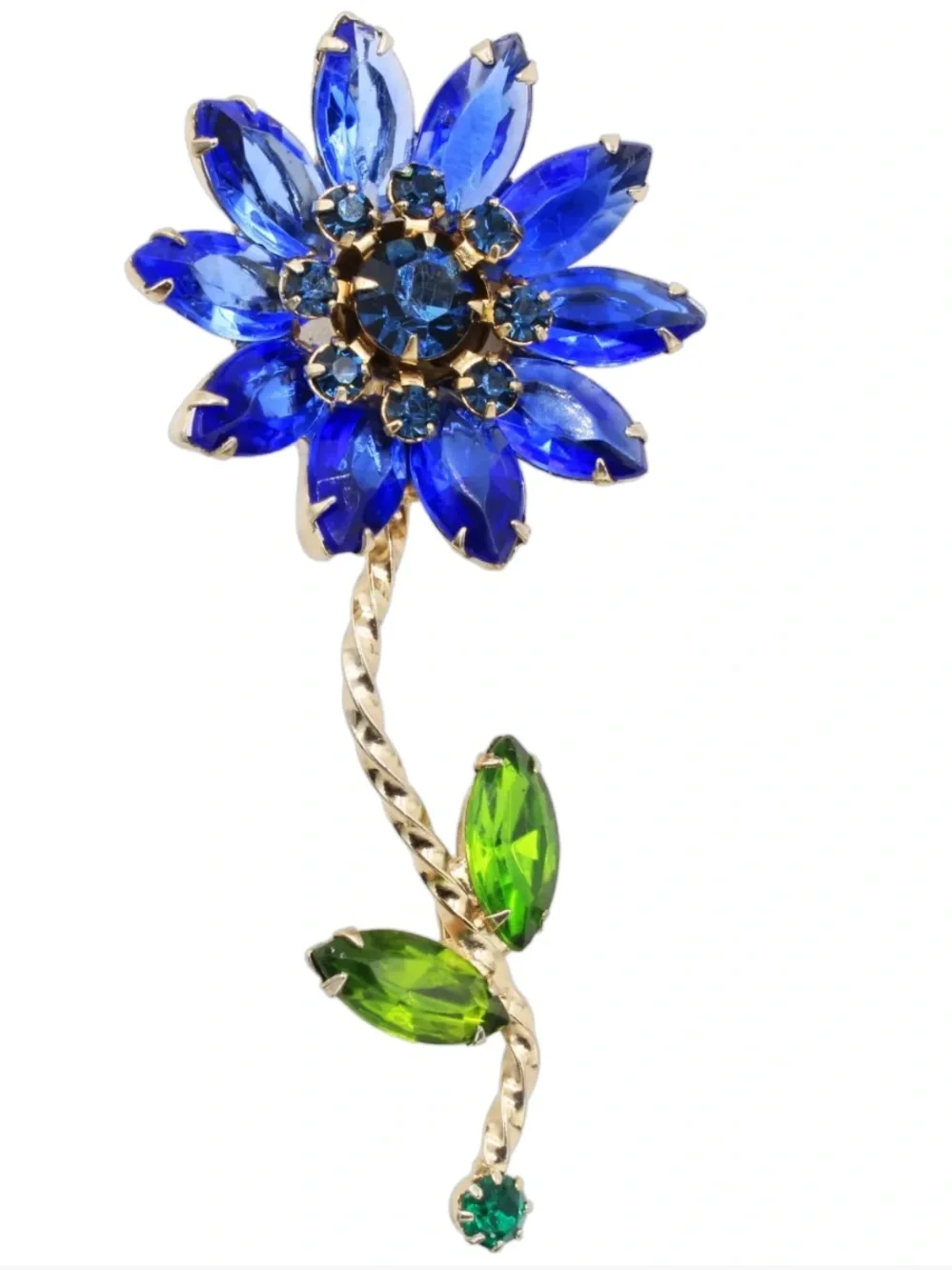 WEISS Signed Blue and Green Floral Crystal Brooch
